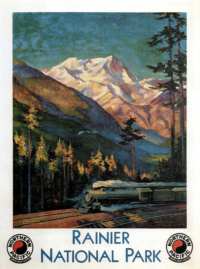 Steam Engine Train Running by the Rainer National Park - Landscape Painting - Vintage Travel Poster Painting by Studio Grafiikka