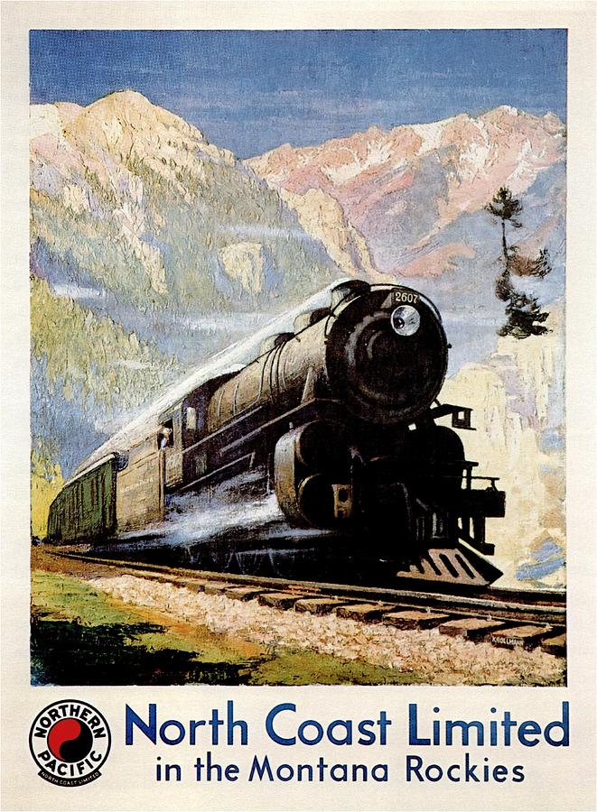 Vintage Painting - Steam Engine train through the Montana Rockies - Vintage Illustrated Poster by Studio Grafiikka
