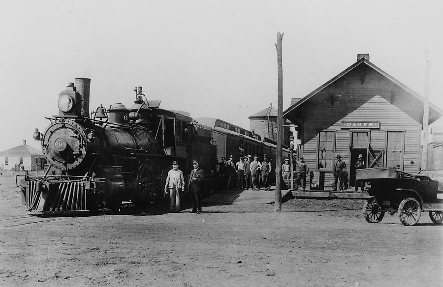 Steam Locomotive at Station in Oakes South Dakota  Photograph by Chicago and North Western Historical Society