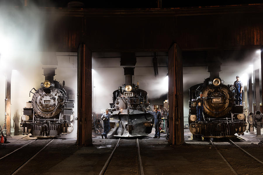 Steam locomotives in the roundhouse of the Durango and Silverton Narrow Gauge Railroad in Durango Photograph by Carol M Highsmith