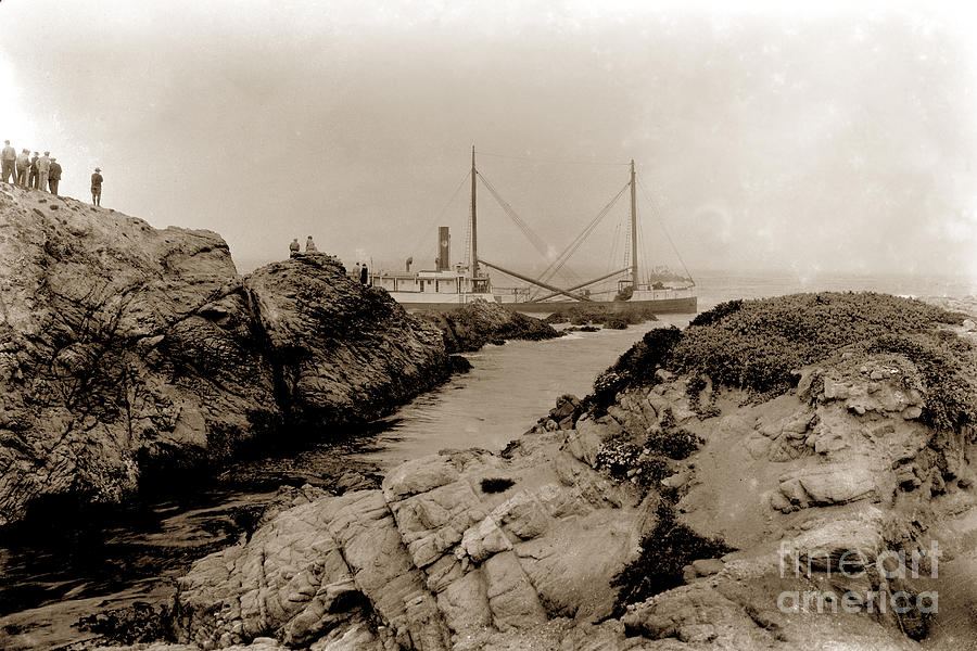 Cypress Point Photograph - Steam schooner S S J. B. Stetson, ran aground at Cypress Point, Sep. 1934 by Monterey County Historical Society