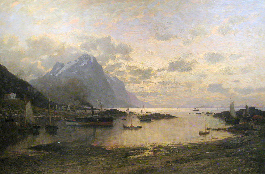 Steam Ship Port Calls In The Lofoten Islands Painting by Adelsteen Normann
