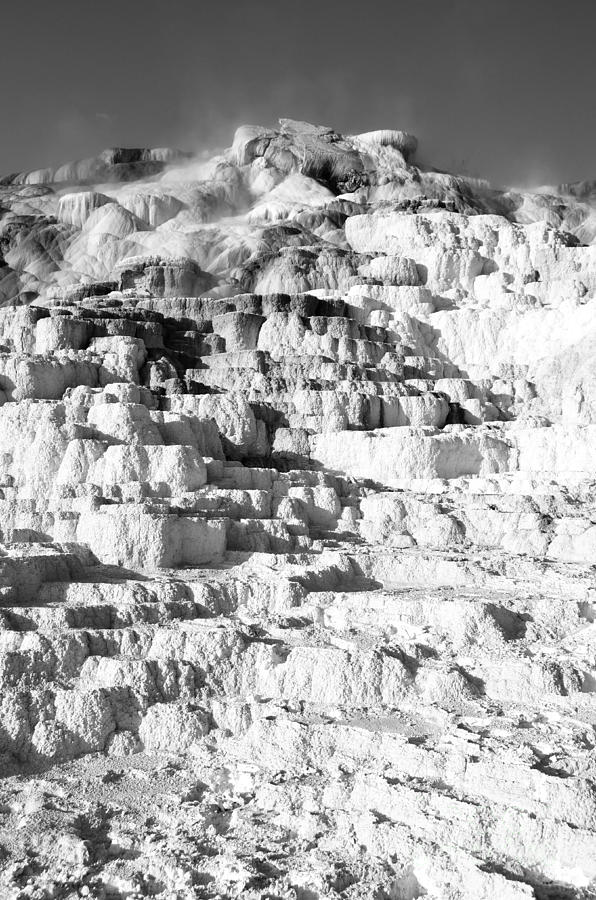 Steam Topped Travertine Hot Spring Terraces Mammoth Hot Springs Yellowstone National Park BW Photograph by Shawn OBrien