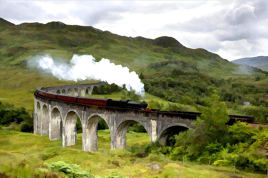 Steam Train Digital Art - Jacobite Steam train on Glenfinnan Viaduct by Giuseppe Cesa Bianchi