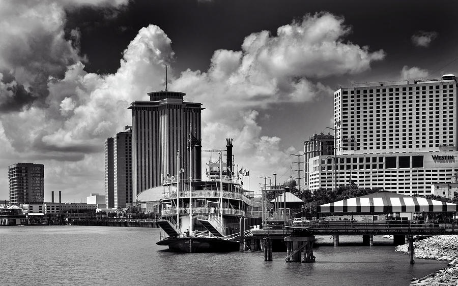 Steamboat And Big Buildings In Black And White Photograph by Greg and Chrystal Mimbs