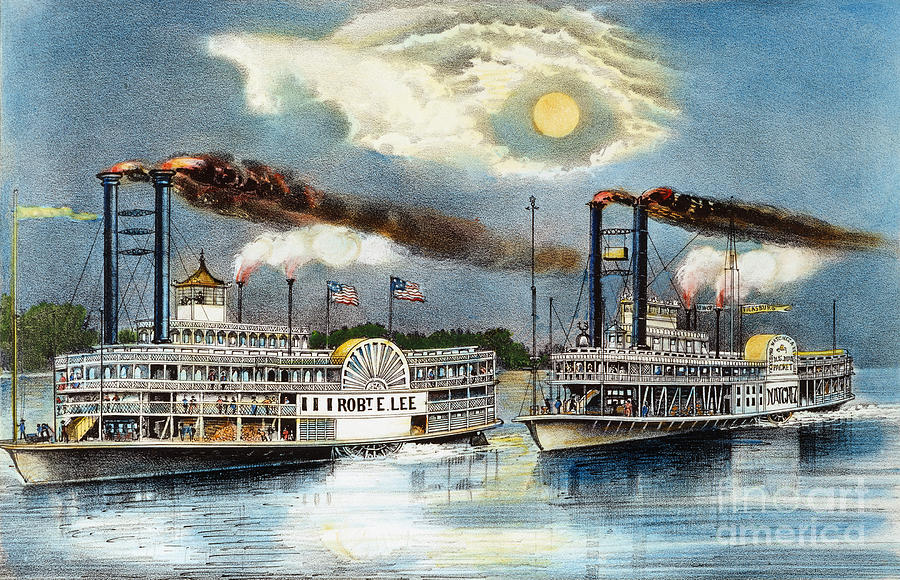 Steamboat Race, 1870 Painting by Granger