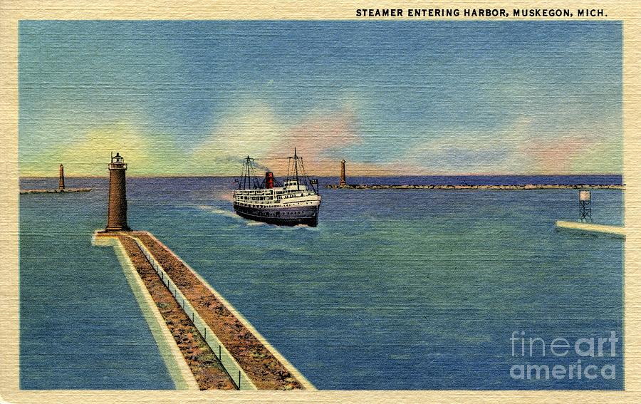 steamer entering harbor Muskegon MI  Photograph by Heidi De Leeuw