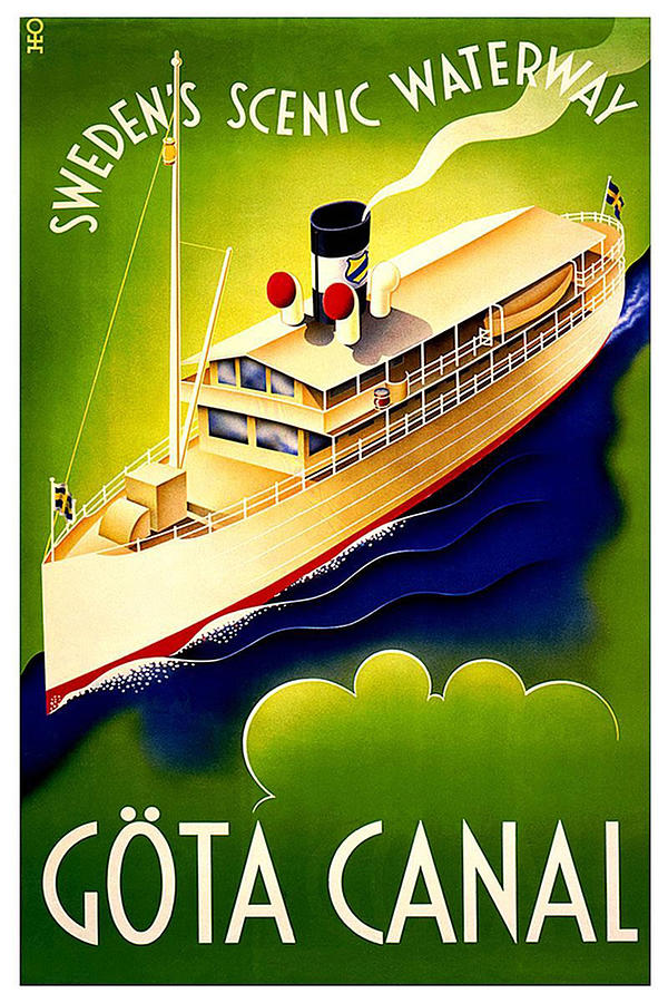 Steamer Ship On Swedens Scenic Waterway Gota Canal - Vintage Travel Poster - Green And Blue Painting