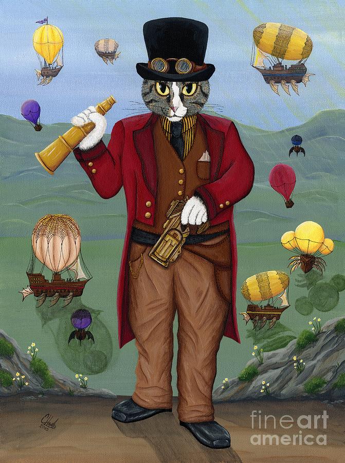 Cat Painting - Steampunk Cat Guy - Victorian Cat by Carrie Hawks