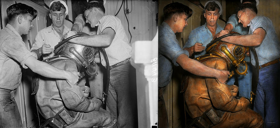 Steampunk - Diver - A load off my shoulders 1936 - Side by Side Photograph by Mike Savad