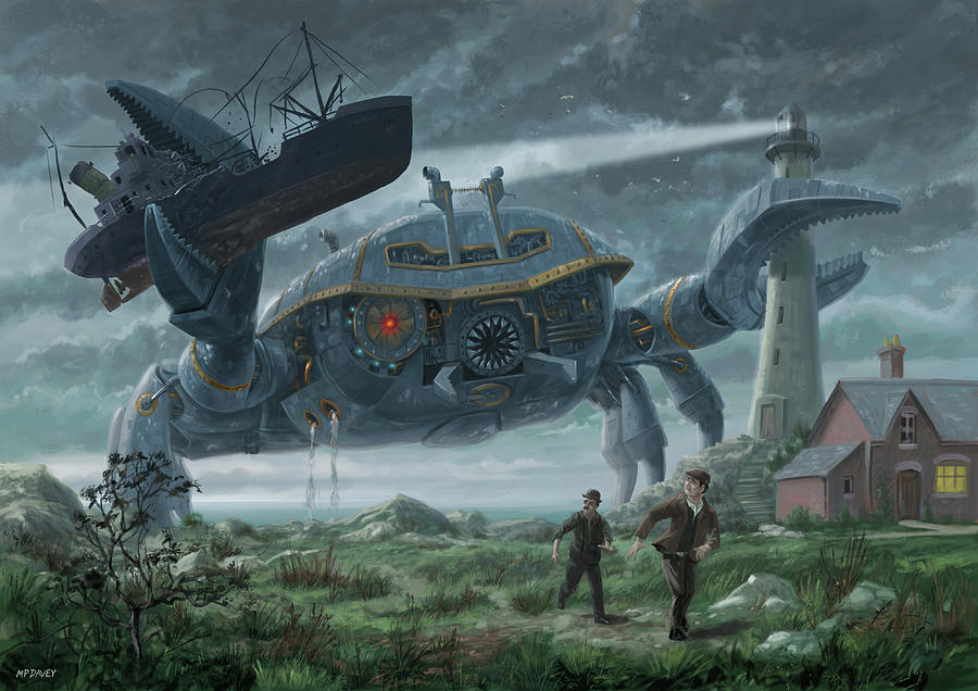 Fantasy Digital Art - Steampunk Giant Crab attacks Lighthouse by Martin Davey