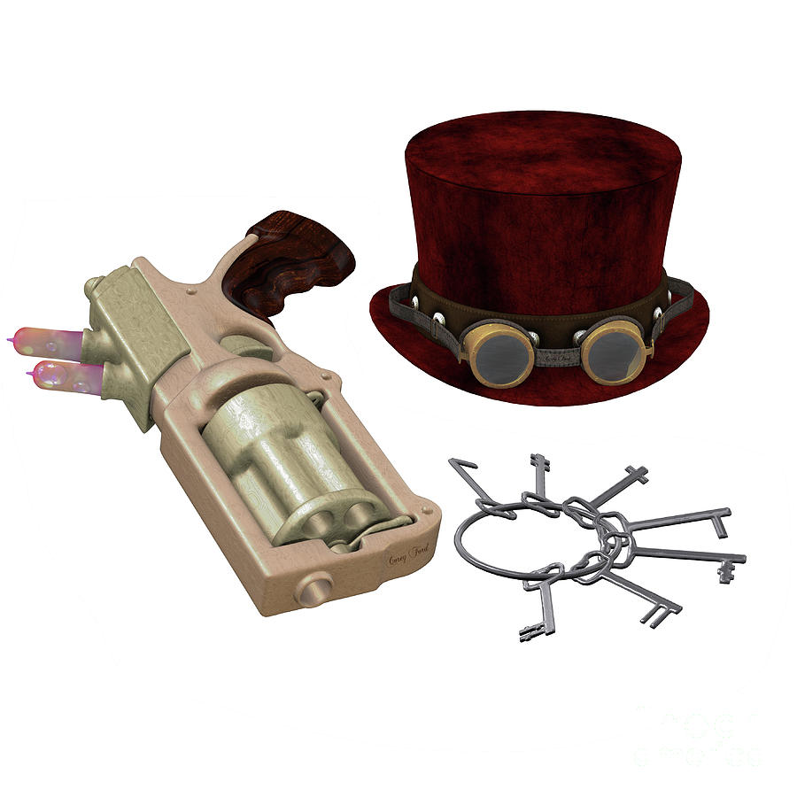 Steampunk Hat Goggles Gun Keys Painting by Corey Ford
