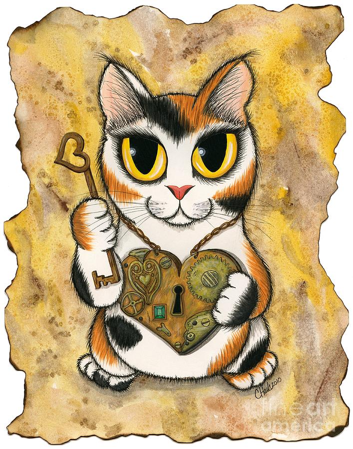 Steampunk Valentine Cat Painting by Carrie Hawks