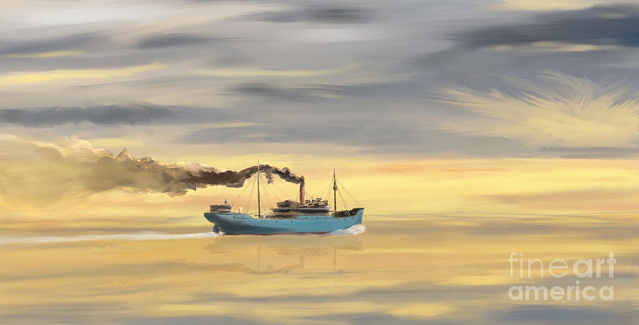 Steamship Freighter heading towards the ocean by Jan Brons Steamship Freighter heading towards the ocean by Jan Brons