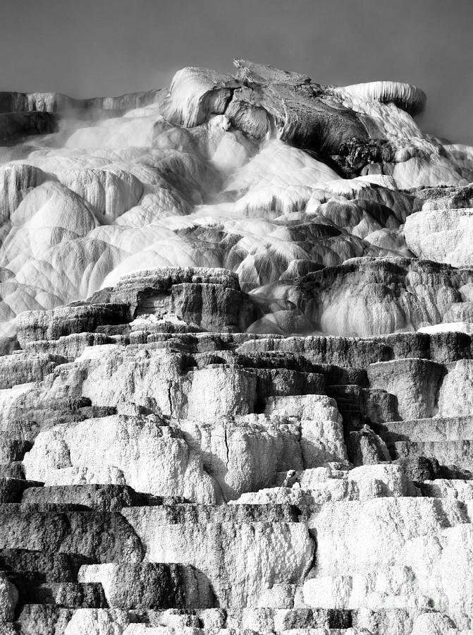 Steamy Travertine Hot Spring Terraces Mammoth Hot Springs Yellowstone National Park BW Photograph by Shawn OBrien