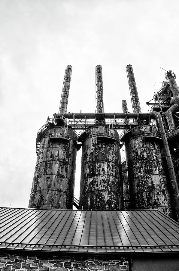 Steel Stacks - The Bethehem Steel Mill in Black and White Photograph by Bill Cannon