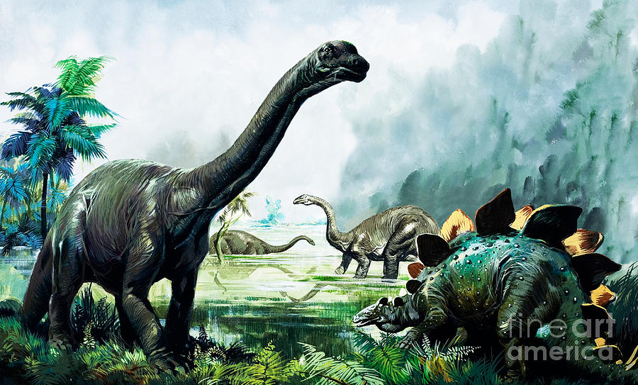 Jurassic Park Painting - Stegosaurus, Brachiosaurus,  Prehistoric Animals by David Nockels