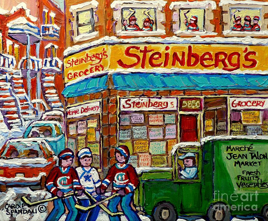 Steinberg Grocery Montreal Memories Corner Shop Landmark Hockey Art Jean Talon Market Delivery Truck Painting by Carole Spandau