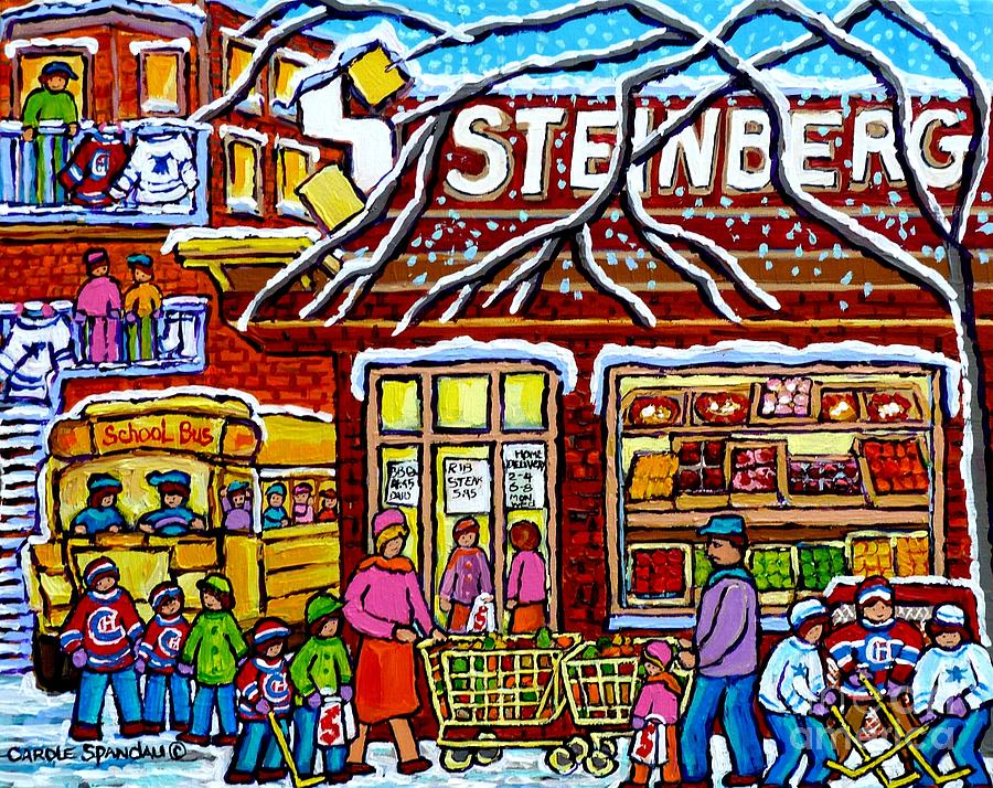 Steinbergs Grocery Montreal Memories Winter Scene Hockey Art Canadian Painting Carole Spandau       Painting by Carole Spandau