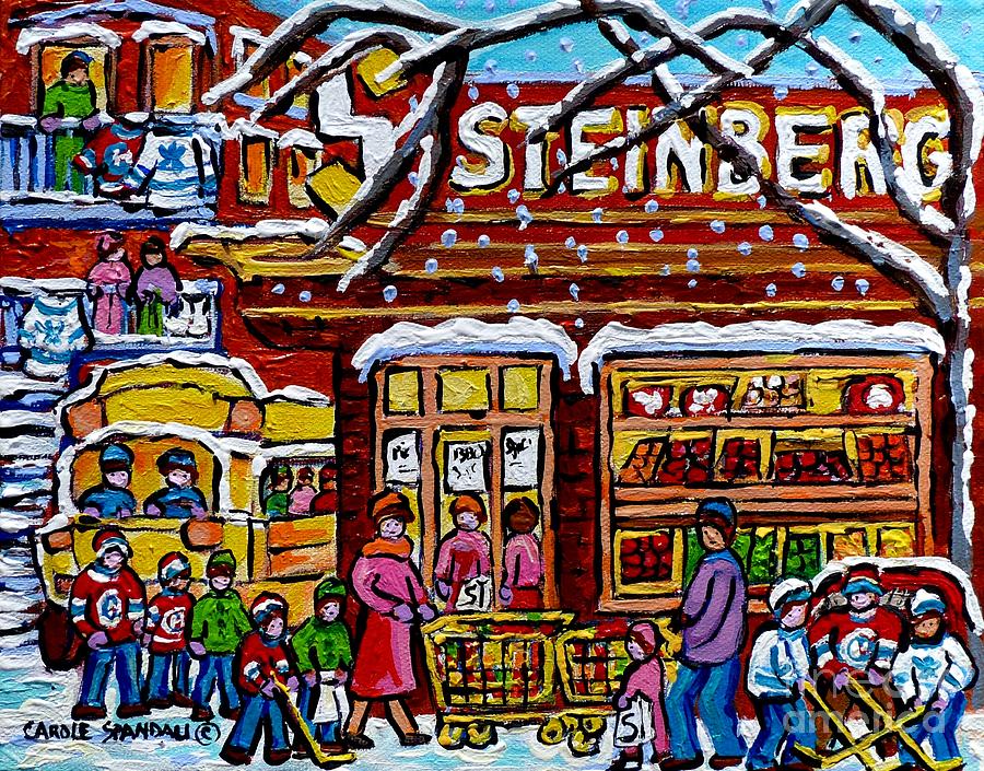 Steinbergs Montreal Landmark Painting School Bus Hockey Art Canadian Winter Scene Carole Spandau    Painting by Carole Spandau