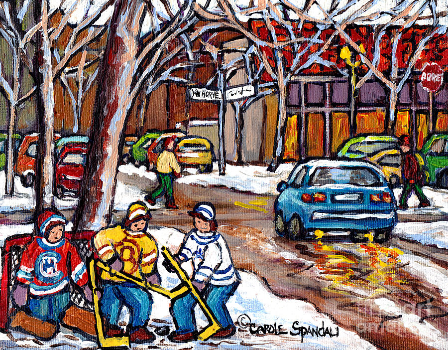 Steinbergs Van Horne Montreal Winterscene Paintings For Sale Goalie And Hockey Pals C Spandau Art Painting by Carole Spandau
