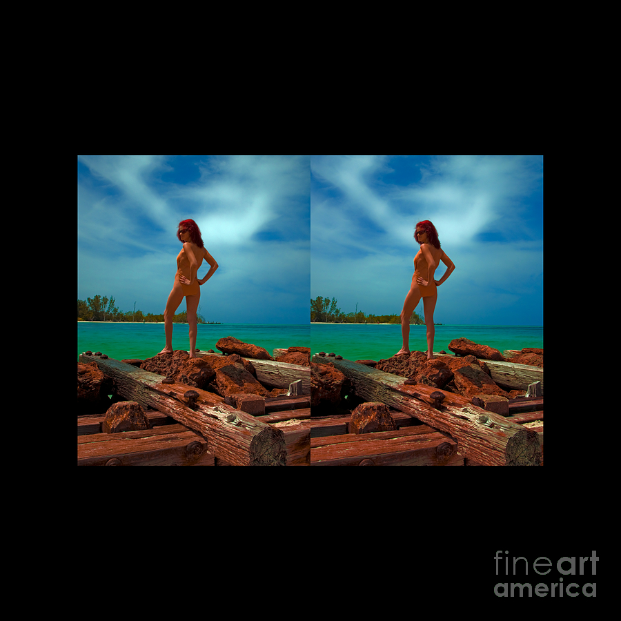Stereoscopic Driftwood Beach Bikini Girl Audrey Michelle 007 Photograph by Rolf Bertram