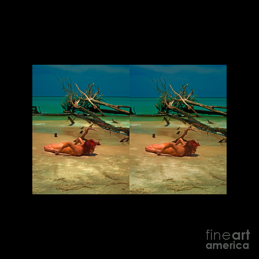 Stereoscopic Driftwood Beach Bikini Girl Audrey Michelle 017 Photograph by Rolf Bertram