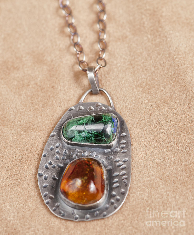 Sterling Silver Necklace with Malechite and Amber Jewelry by Melany Sarafis
