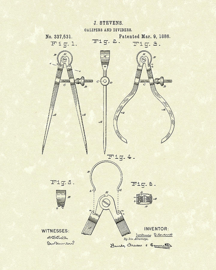 Stevens Calipers and Dividers 1886 Patent Art Drawing by Prior Art Design