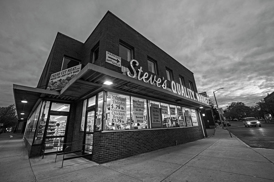 Steves Quality Market Downtown Salem MA Black and White Photograph by Toby McGuire