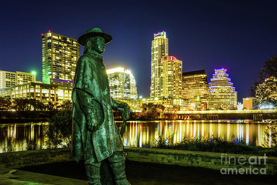 Stevie Ray Vaughan Statue with Austin TX Skyline Photograph by Paul Velgos