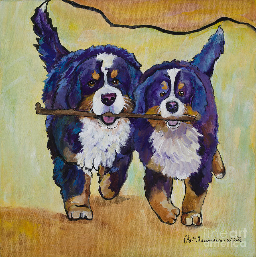 Bernese Mountain Dogs Painting - Stick Together by Pat Saunders-White