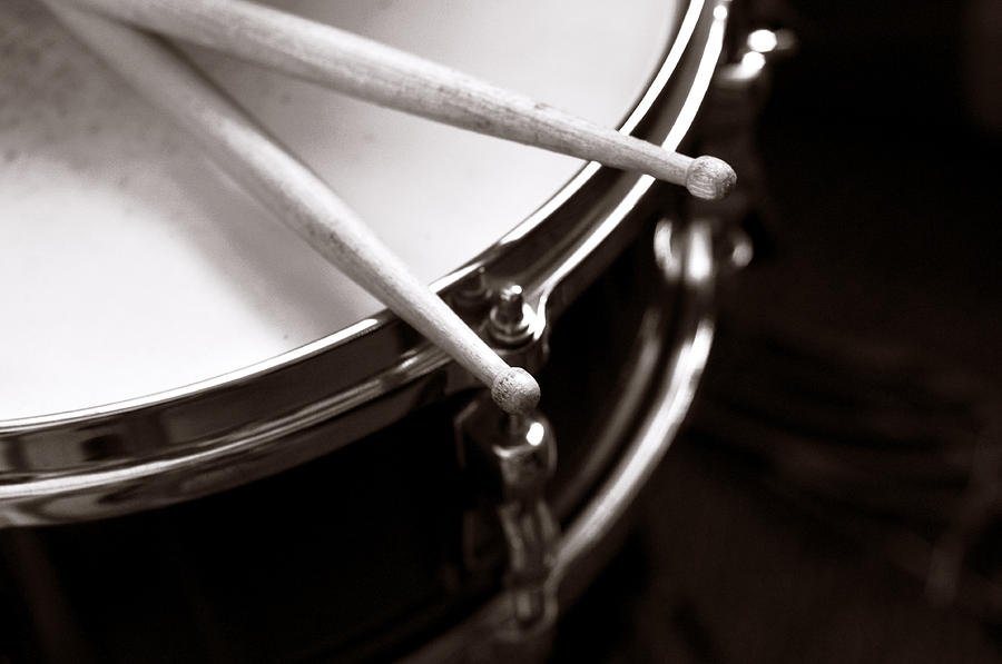 Drumsticks Photograph - Sticks on Snare Drum by Rebecca Brittain