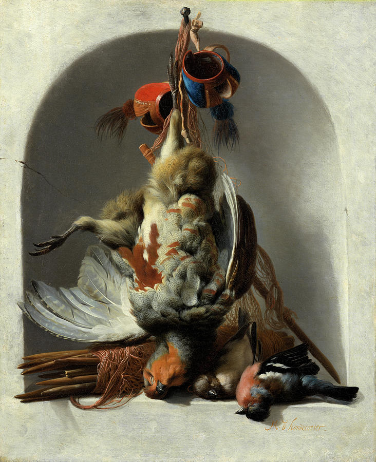 Still Life Painting - Stil Life with Birds and Hunting Gear in a Niche  by Melchior de Hondecoeter
