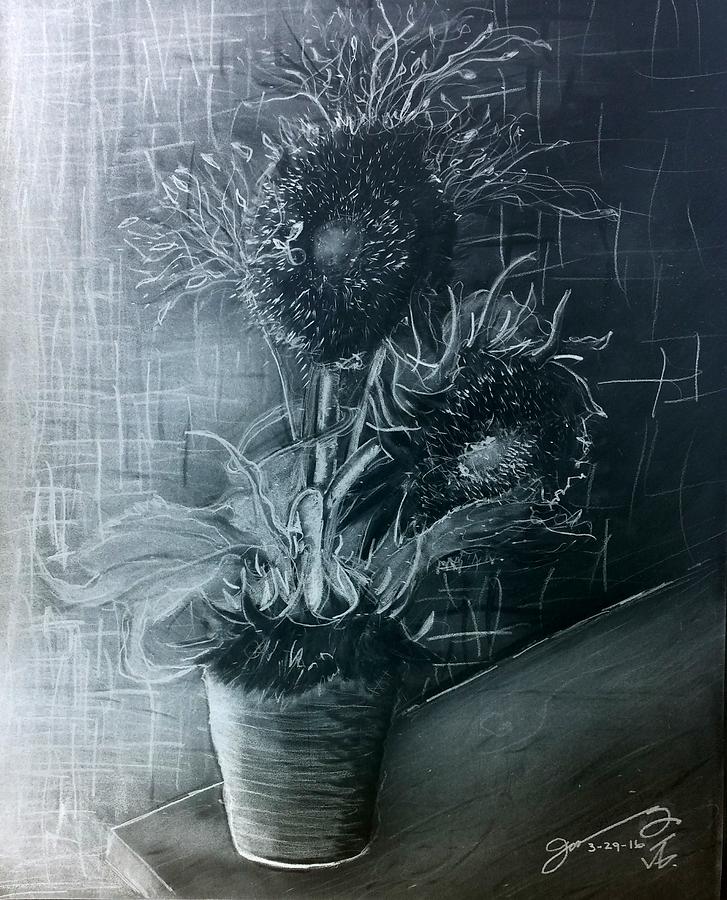 Still Life - Clay Vase With 3 Sunflowers - The Negative Drawing