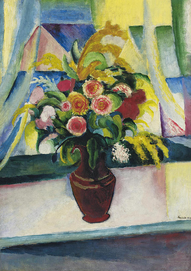 Still-Life. Colourful Bunch of Flowers in Front of a Window Painting by August Macke