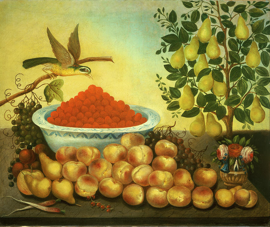 Still Life, Fruit, Bird, and Dwarf Pear Tree Painting by Charles Bond
