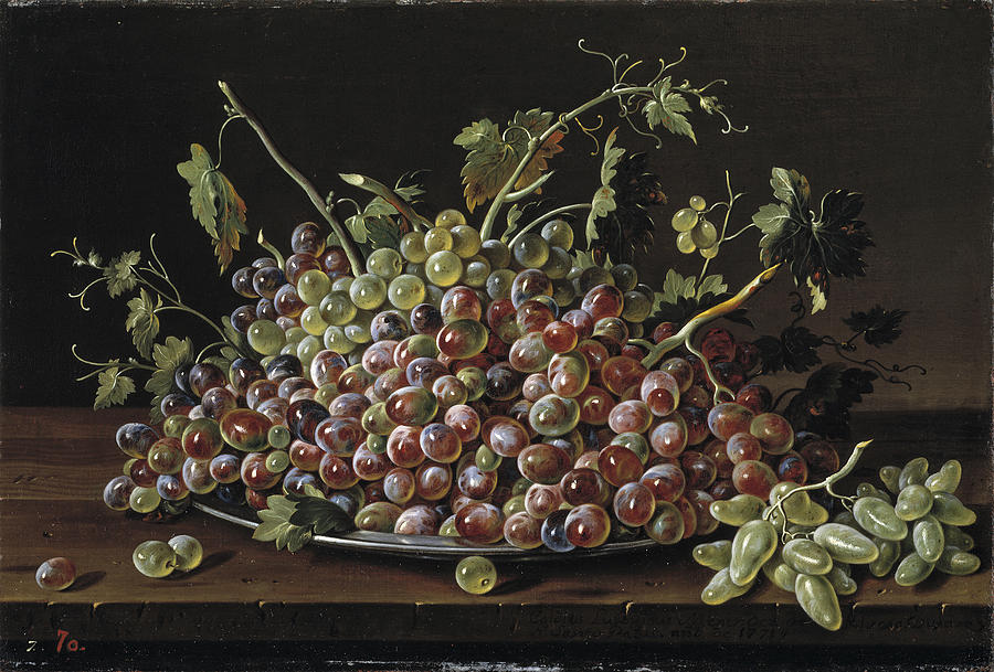 Still Life. Fruit bowl with white and red grapes Painting by Luis Egidio Melendez