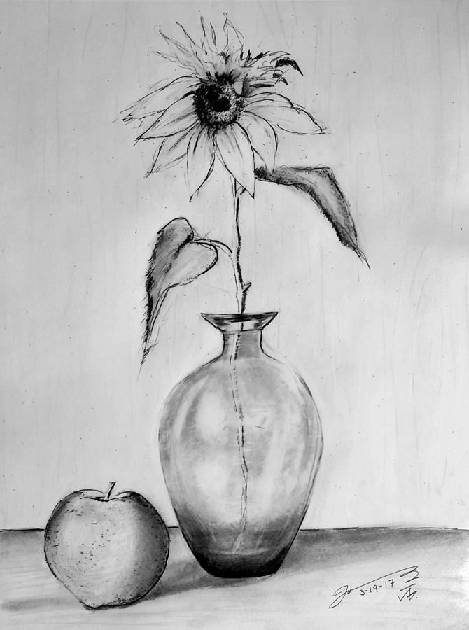 Still Life - Glass Vase With One Sunflower And One Apple Drawing