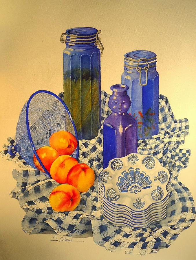Still Life Painting - Still Life in Blue With Nectarines by Sandra Stone Still Life Painting - Still Life in Blue With Nectarines by Sandra Stone