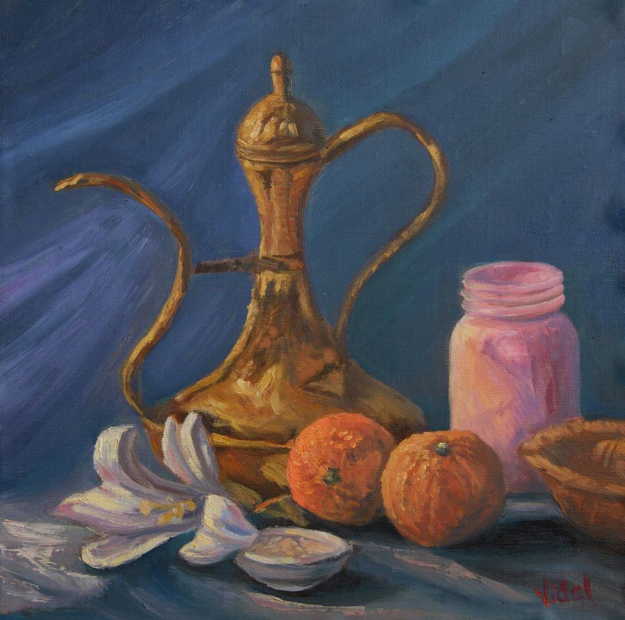 Still Life Painting - Still life, kettle, orange, flower by Christopher Vidal