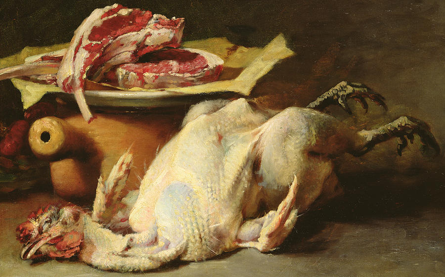 Still Life of a Chicken and Cutlets Painting by Guillaume Romain Fouace Still Life of a Chicken and Cutlets Painting by Guillaume Romain Fouace