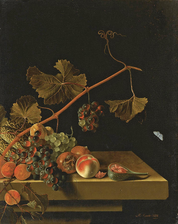 Still life of a vine twig with grapes Painting by Adriaen Coorte