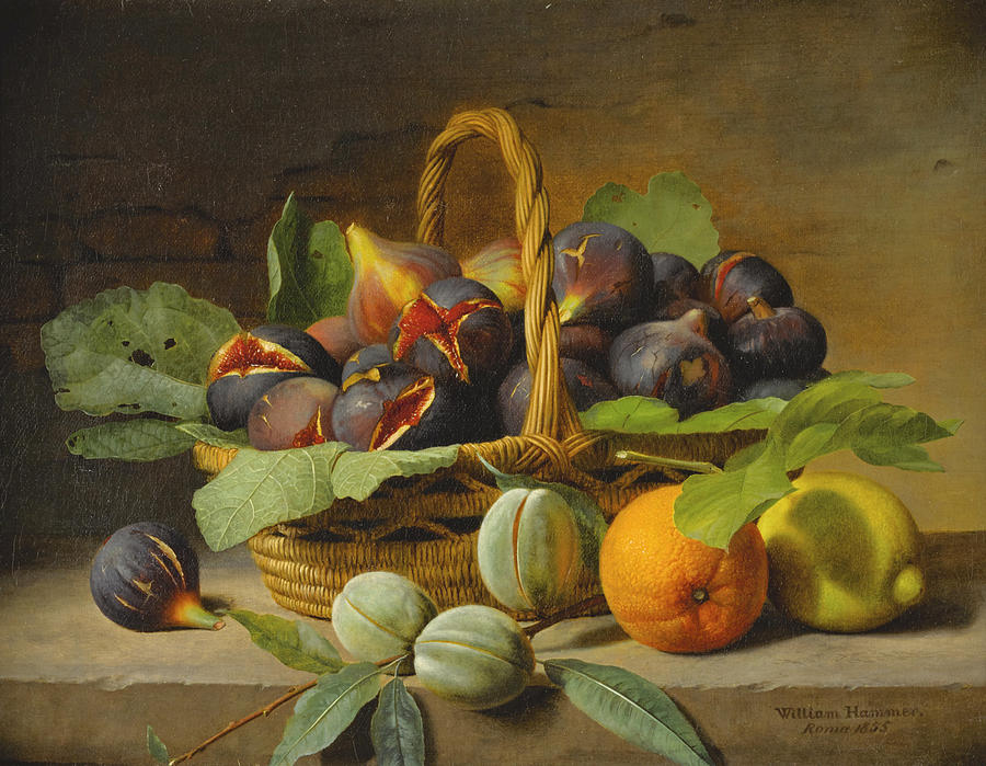 Still Life of Figs in a Basket and Fruit on a Ledge Painting by William Hammer
