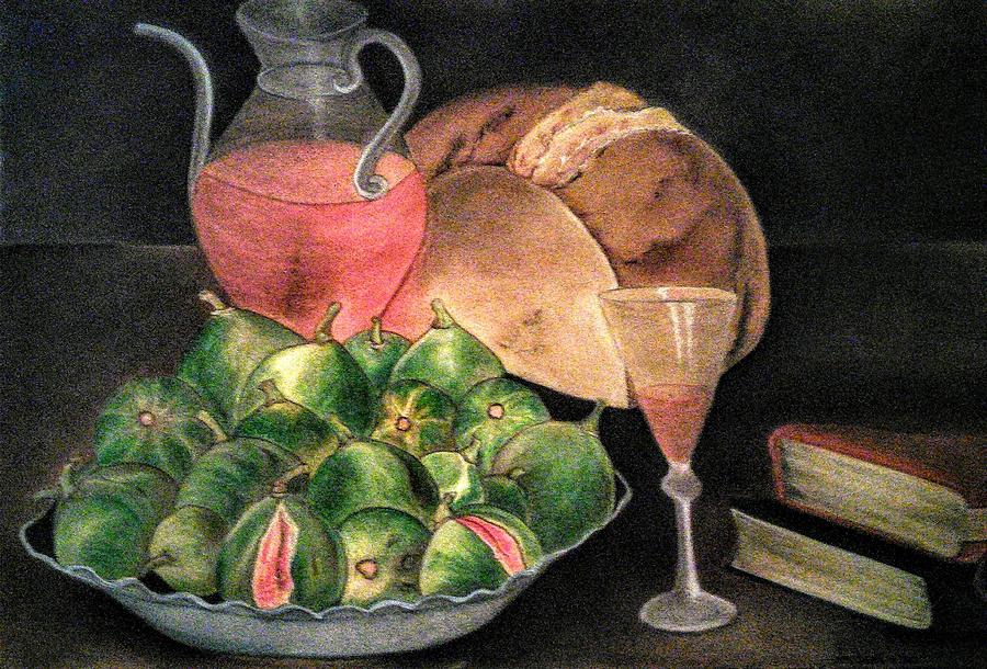 Still Life of Figs, Wine, Bread and Books by Alma Bella Solis Still Life of Figs, Wine, Bread and Books by Alma Bella Solis