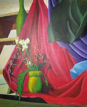 Bottle Painting - Still Life of Flowers and Cloth by Ronald Lee