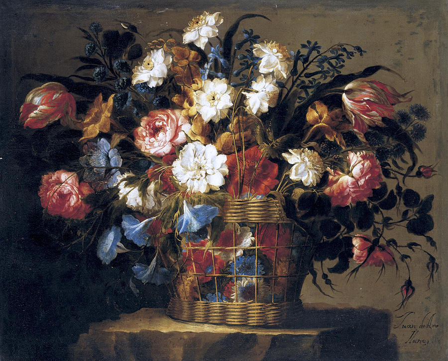 Still Life of Flowers in a Basket Painting by Juan de Arellano