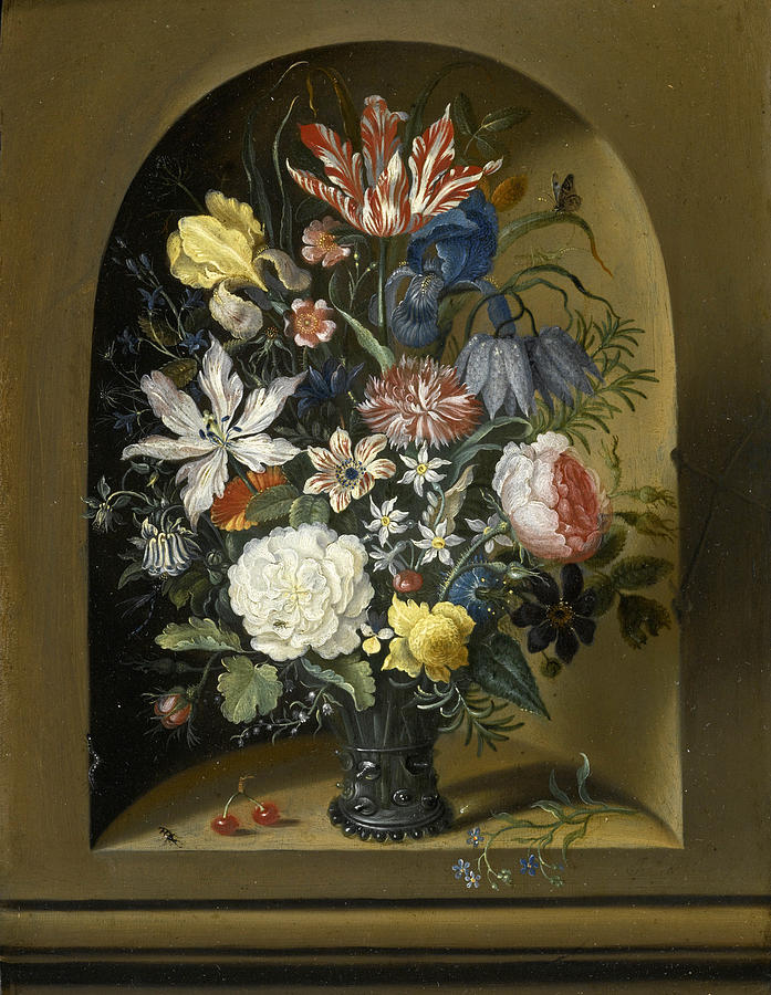 Still Life of Flowers in a Niche with Cherries Insects and a Caterpillar Painting by Jacob Marrel