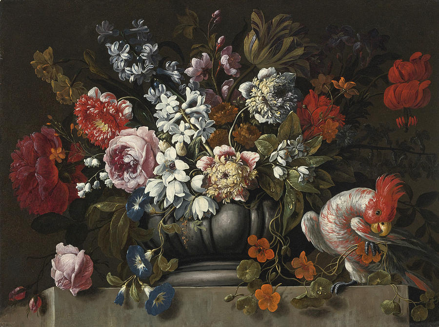 Still Life of Flowers in a Stone Urn with a Parrot Painting by Gaspar Pieter Verbruggen