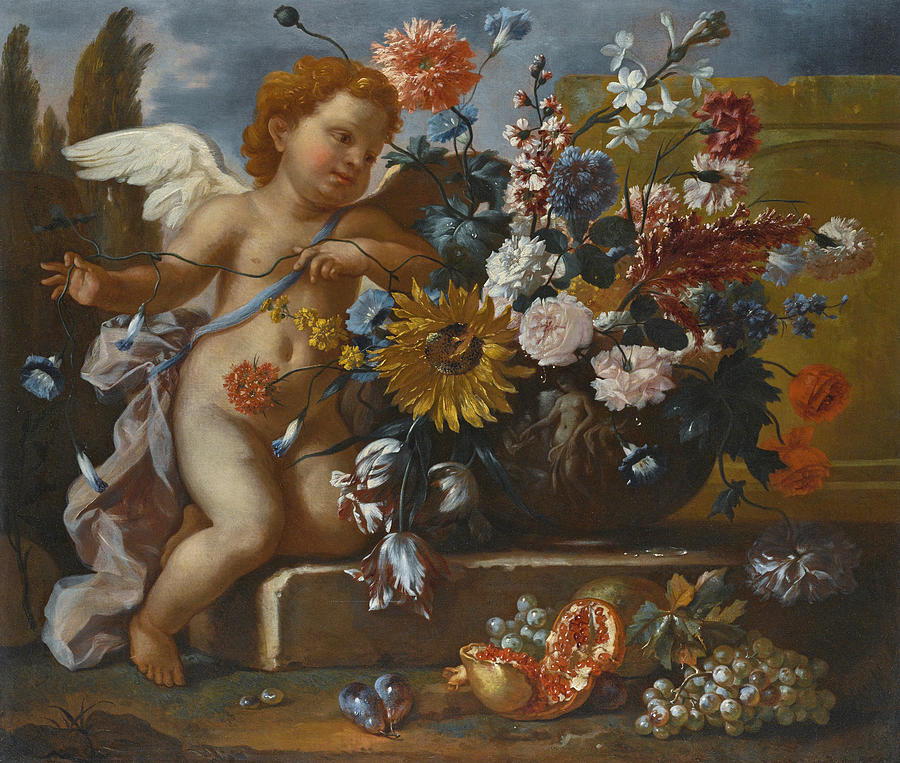 Still life of flowers in an urn with a putto on a stone ledge Painting by Franz Werner von Tamm